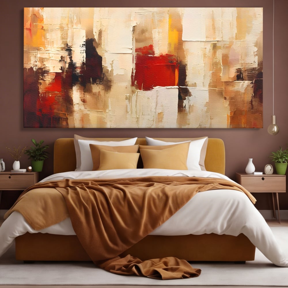 Tablou canvas cu pictura abstracta cu pete de rosu si bej, fara rama, pe sasiu de lemn, pe perete intr-un dormitor